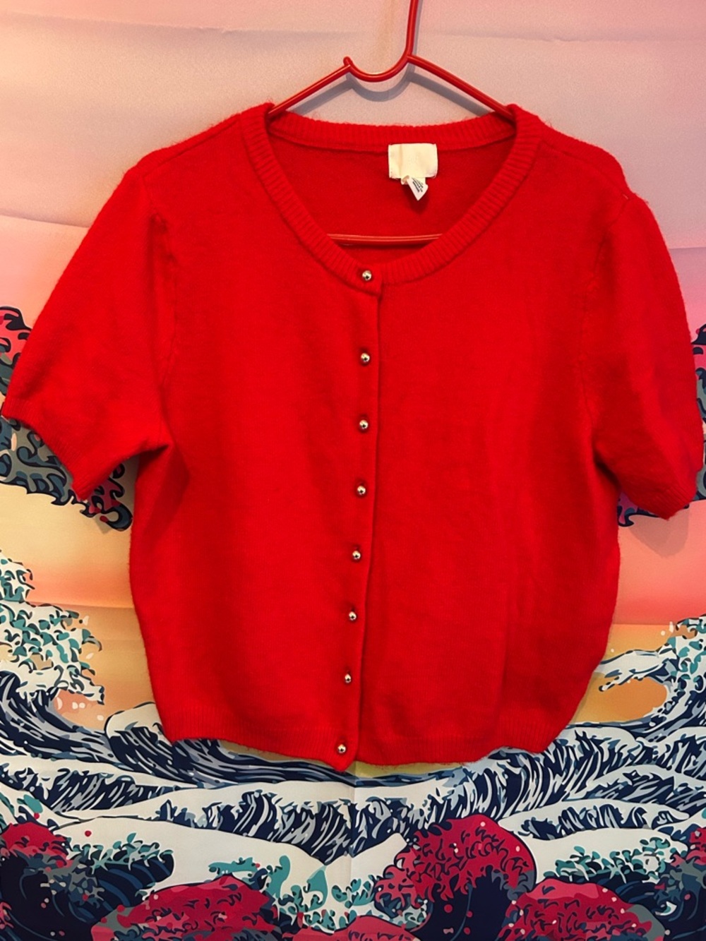 Bright Red Button Down Blouse with Gold Accents